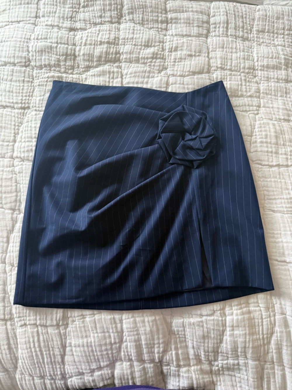 Bardot Navy Pinstripe Mini Skirt with Rosette Accent